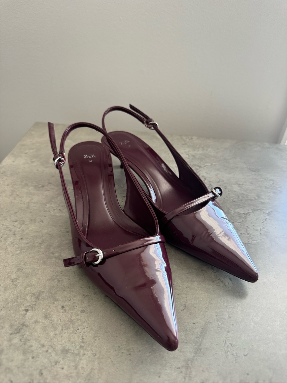 Zara Patent Burgundy Pointed Slingback Heels